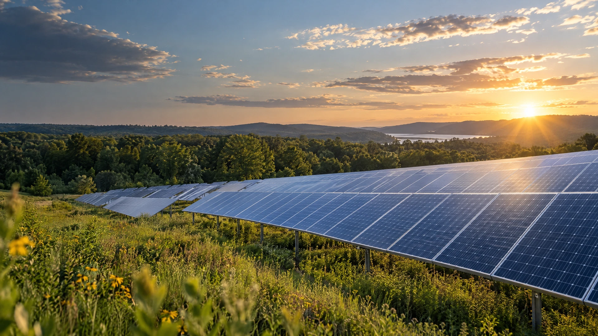Rows of community solar panels in a green landscape under warm sunlight
