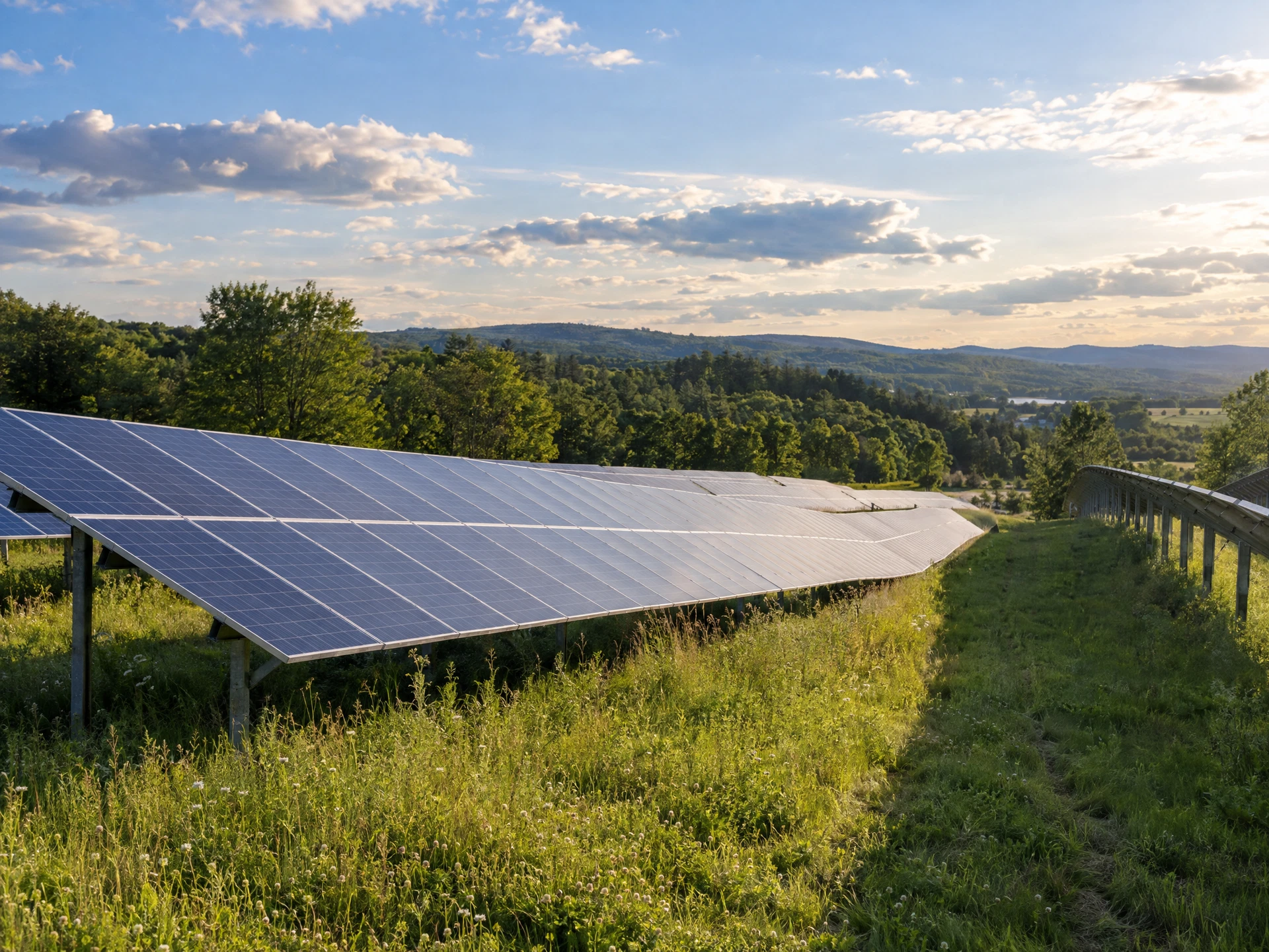 Ground-mounted solar panels arranged in long rows across a green field