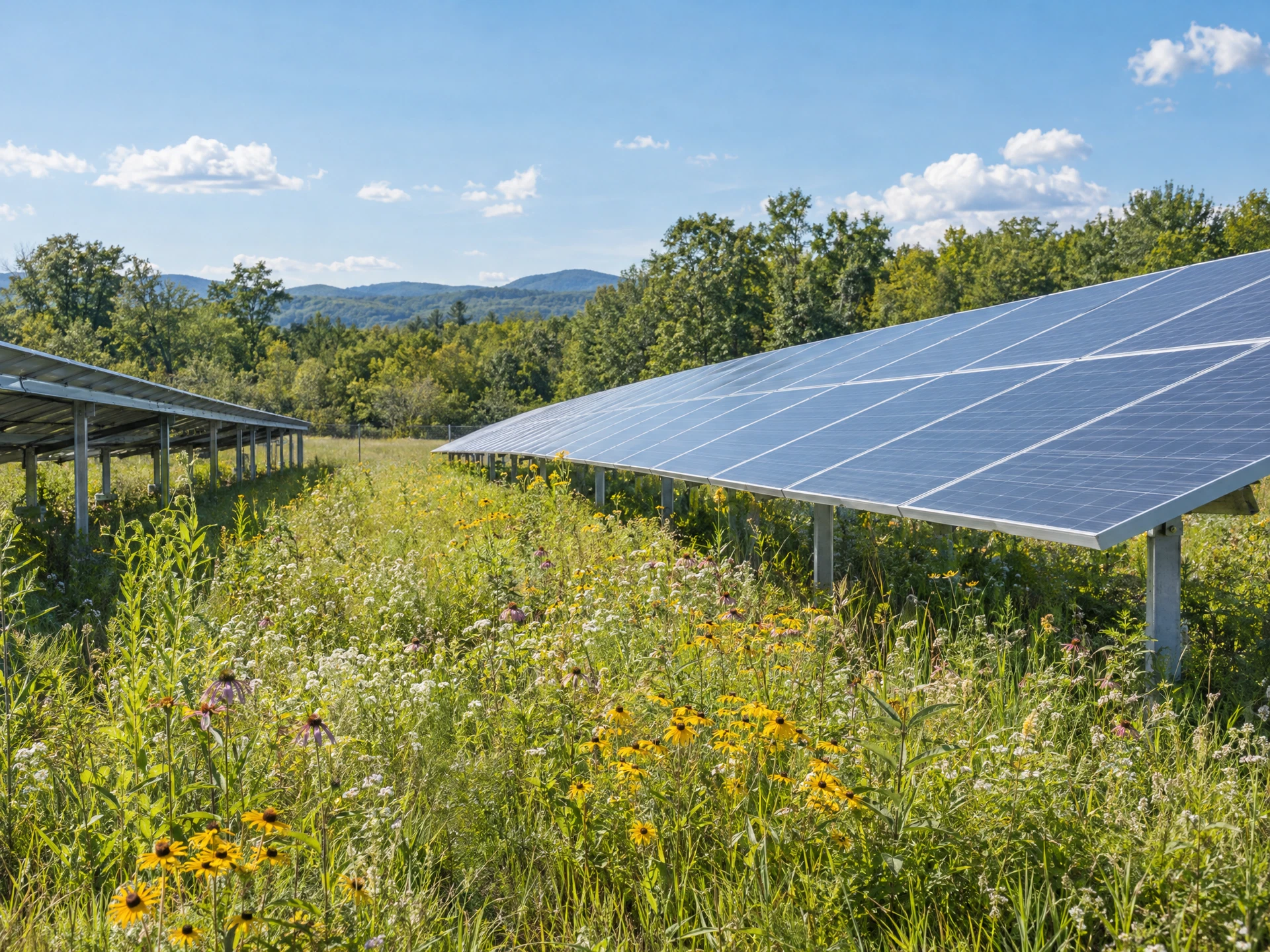 Solar panels above native meadow vegetation and wildflowers at one possible site