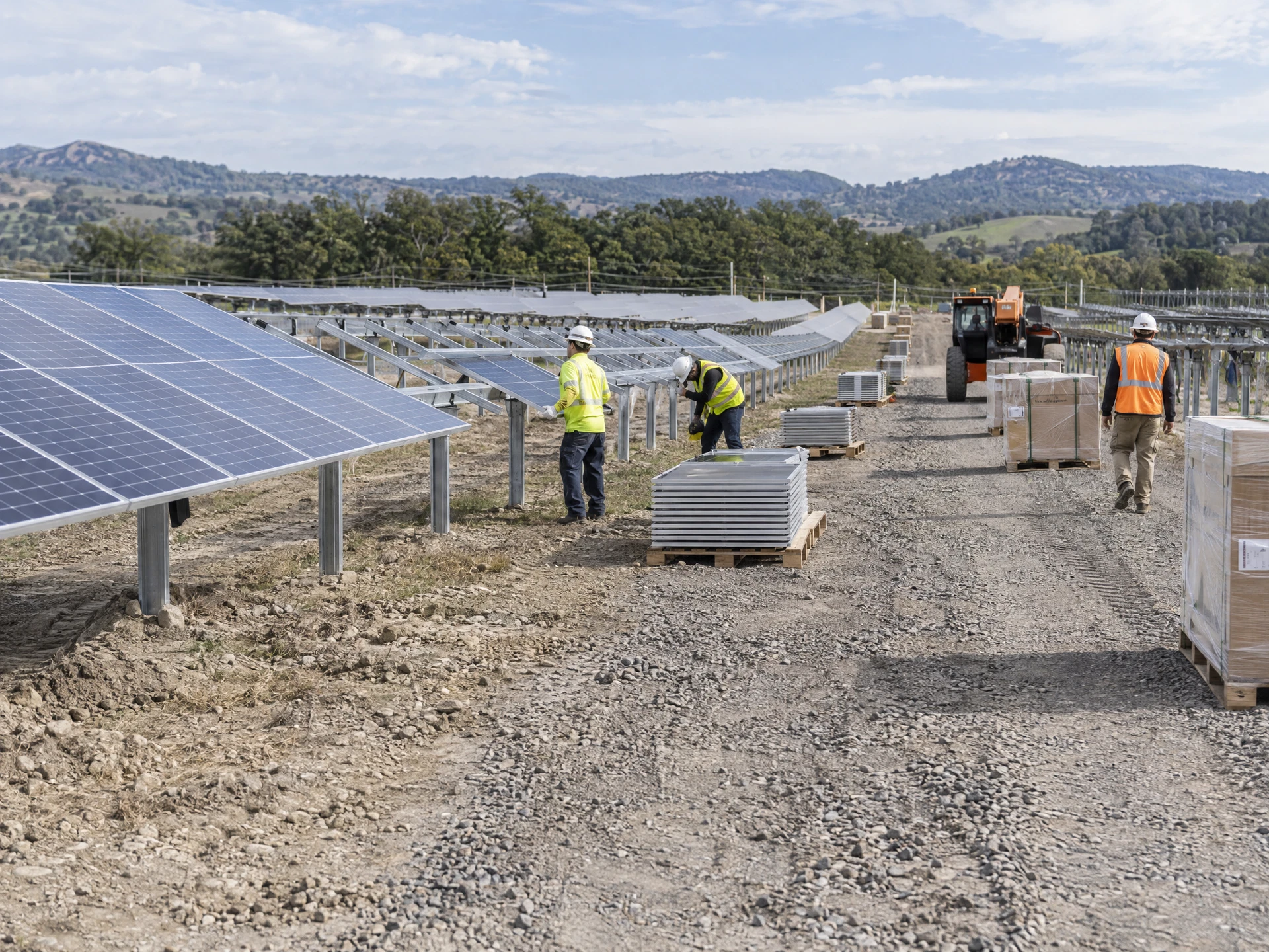 Solar-farm crew assembling panel rows beside partially completed support racks